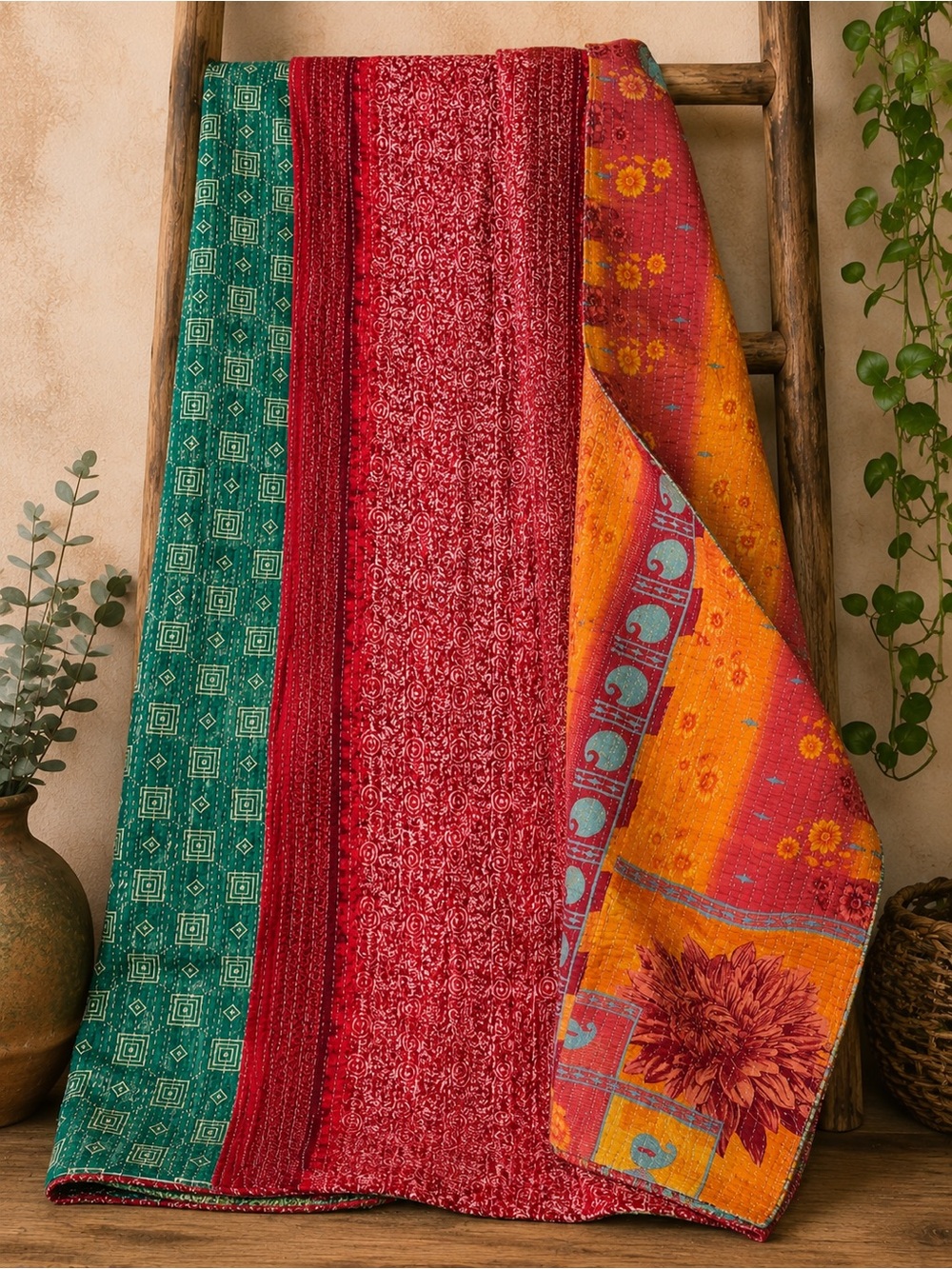Vintage Handmade Printed Kantha Quilt India Sari Throw Blanket Twin 52x80
